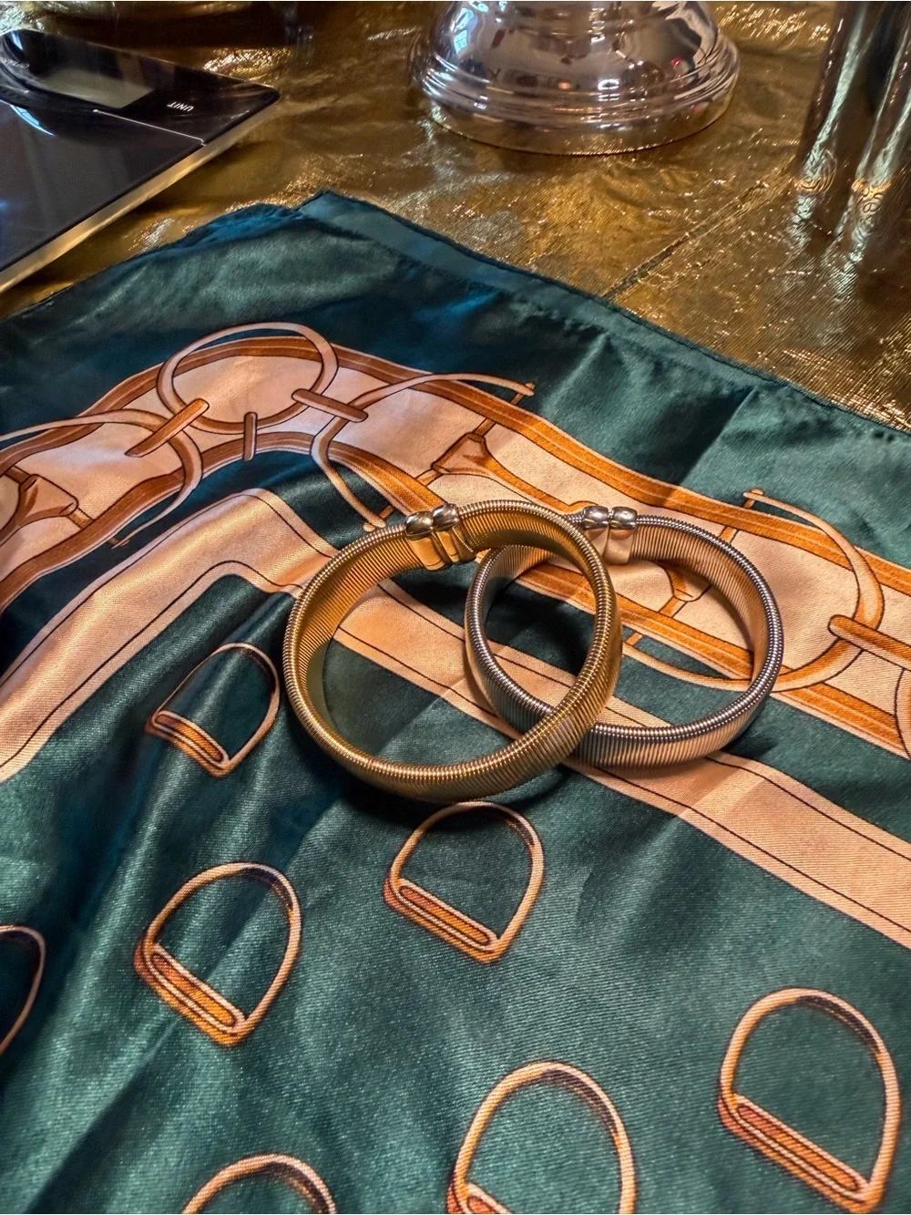Silk Horsebit Print Scarf with Gold & Silver Bangles